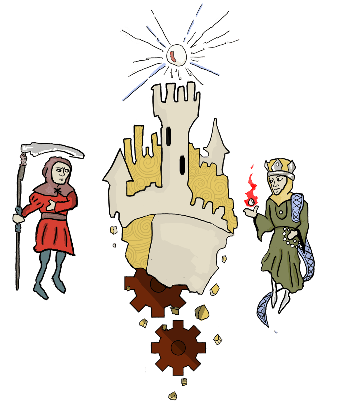 Zwei Charaktere stehen vor dem Schloss